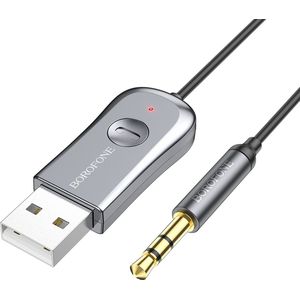 BOROFONE Draadloze USB Bluetooth Audio Adapter Auto / Receiver (Ontvanger) - Voor Auto Radio / Stereo - Inclusief Jack 3.5 MM Aux & USB Aansluiting Connector BC44 - GRIJS