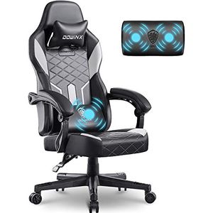 Dowinx Gamingstoel, racing-gamerstoel met lendekussen, ergonomische gamingstoel met lendensteun en massagestoel, PU-lederen pc-stoel, brede rugleuning, 150 kg (zwart-wit)
