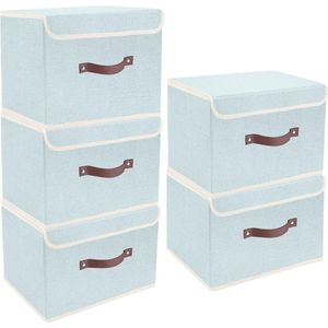 TYEERS Opvouwbare Opbergdoos met Deksel, Stof, Afwasbaar, Opbergbak met Deksel, 38x25x25 cm, Set van 5, Aqua Spring