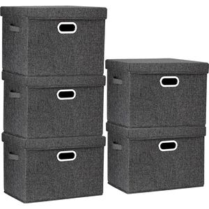 TYEERS Grote Opbergdoos met Deksel, Opvouwbaar, Afwasbaar, Opbergbak met Deksel, 44x30x29 cm, Set van 5, Zwart