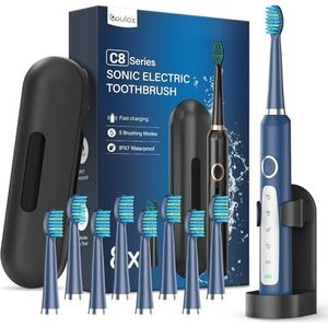 Coulax Coulax Sonic Elektrische tandenborstel, reistandenborstel, oplaadbare tanden met 8 borstelkoppen, tas, 5 modi, donkerblauw