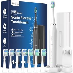 Sonic Elektrische tandenborstel, sonische tandenborstel, COULAX reistandenborstels, elektrische tandenborstel, met 8 koppen, 5 modi, timer, wit