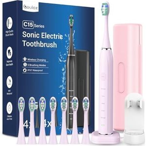Sonic Elektrische tandenborstel, sonische tandenborstel, COULAX reistandenborstels, elektrische tandenborstel, elektrische tandenborstel, met 8 koppen, 5 modi, timer, lichtroze