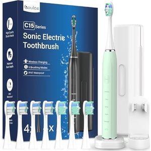 Sonic Elektrische tandenborstel, sonische tandenborstel, COULAX reistandenborstels, elektrische tandenborstel, met 8 koppen, 5 modi, timer, lichtgroen