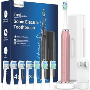 COULAX Elektrische tandenborstel, sonische tandenborstel, reistandenborstel, elektrische tandenborstel met 8 kop, 5 modi, timer, bekabeld, roségoud