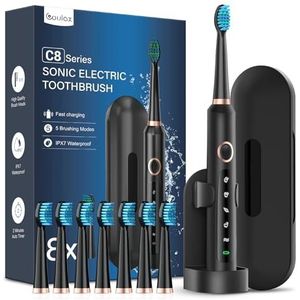 Coulax Coulax Sonico Elektrische tandenborstel, oplaadbare tanden met 8 borstelkoppen, tas, 5 modi, donkerzwart