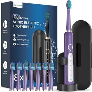 Coulax Coulax Sonische elektrische tandenborstel, oplaadbare tanden met 8 borstelkoppen, tas, 5 modi, donkerpaars