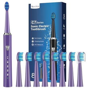 Coulax Coulax Elektrische tandenborstel voor volwassenen en kinderen, oplaadbare tandenborstel, elektrische tandenborstel met 8 borstelkoppen, 5 modi, 2 minuten timer, donkerpaars