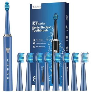 Elektrische sonische tandenborstel voor op reis, elektrische tandenborstel voor volwassenen en kinderen, 8 borstelkoppen, 5 modi, ultrasone tandenborstel voor het gezin, marineblauw