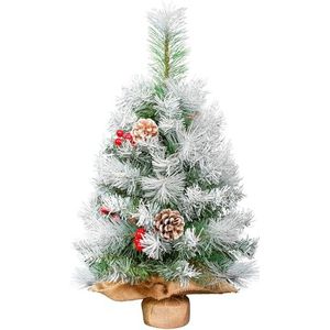 Mini kerstboom, 60 cm kleine kerstboom met sneeuw, echte dennenappels, rode bessen, decoratie voor Kerstmis, kantoor, woonkamer, keuken, vensterbank, Kerstmis, desktop, eettafel