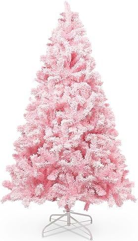 himaly 210 cm kerstboom bevlokt roze met volle vlokken decoratie met sneeuwvlokken, 1200 takpunten dennenbladeren van pvc en stabiele basis, kerstboom voor kerstdecoraties