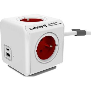 Cubenest stekkerdoos Powercube Extended USB PD 20W, A+C, 4-voudig, 1,5m, wit/rood - België F type, max 10A/250V~2500W, Overstroom, Overspanning, Overtemperatuur, Kortsluiting en Thermische Beveiliging