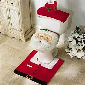 Uten Kerst-toiletstoelhoes met kerstmotief, sneeuwpop, kerstman, toiletbrilhoes, tapijt en zakdoekdoos, rood, 3 stuks