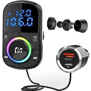 GizmoVine FM-zender voor auto, draadloos, handsfree, MP3-muziekspeler, autoradio-adapter met QC3.0 & USB C-snelladen, ondersteuning SD-poort, kabel 1,1 m