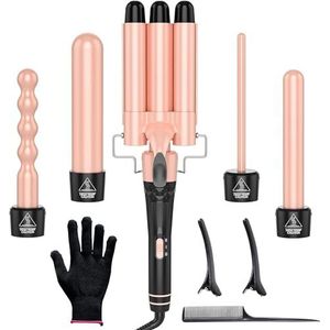OBVHNUA 5-in-1 Krultang 3 Vaten Golvend Ijzer 9-32 mm Keramische Krulspelden 2-Traps Instelbare Temperatuur 150-230 °C Snel Opwarmen 2 m 360 Graden Draaibare Kabel met Handschoen Kam en 2