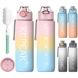 KEPEAK 1 liter lekvrije drinkfles met rietje of zeef, BPA-vrij, universiteit, kleuterschool, sport, fitness, fietsen, outdoor, licht, onbreekbaar, duurzaam