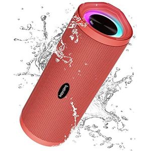 HEYSONG Draagbare Bluetooth-luidspreker met versterkte bas, Bluetooth 5.3, IPX7 waterdicht, 360 graden subwooferluidspreker, looptijd 40 uur, stereo, LED-licht, AUX, TF-kaart, voor op reis, rood