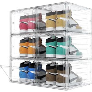 Schoenendoos stapelbaar transparant set van 6 schoenendozen kunststof schoenendozen stapelbare schoenenorganizer kunststof opbergdoos schoenenopberger voor schoenen tot maat 46, 35 x 27 x 19 cm