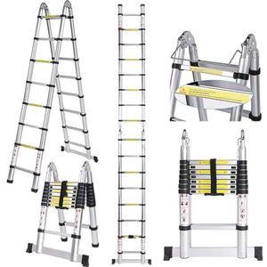 Nictemaw Telescopische ladder, 5 m, van aluminium, belastbaar tot 150 kg, 2-in-1 vouwladder, multifunctionele ladder van aluminium, voor binnen en buiten