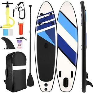 Opblaasbaar surf-paddle-board met rugzak, onderkant voor peddelen, waterdichte tas, spiraalband, verstelbaar pallet en handpomp (donkerblauw)