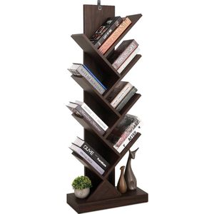 Himimi Boekenkast met 8 niveaus, boomvorm, hout, vintage, houten plank, plank, plank voor CD, DVD, boekwinkel, café, woonkamer, huis, woonkamer en kantoor