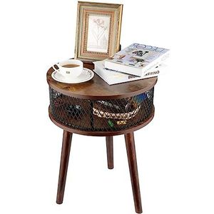 Himimi Ronde salontafel, woonkamertafel met plank, moderne salontafel van hout met metalen frame en houten plaat, eenvoudige montage, kleur rustiek bruin