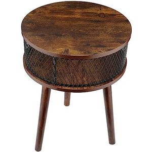 Himimi Ronde salontafel, woonkamertafel met legplank, moderne houten salontafel met metalen frame en houten bureau, eenvoudige montage, bruin