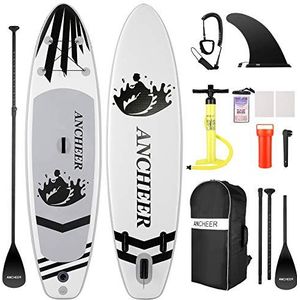 ANCHEER Opblaasbaar stand-up paddleboard met complete SUP-accessoires, rugzak, riem, verstelbare peddel en handpomp, bodemvin, waterdichte tas, reparatieset (zwart-wit)