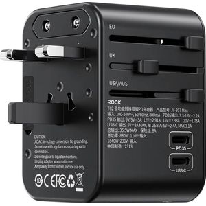 ROCK Wereldstekker met USB C PD 35W - Reisstekker - Travel Adapter met USB - Zwart