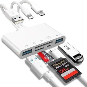 5-in-1 geheugenkaartlezer, USB OTG-adapter en SD-kaartlezer voor i-Phone/i-Pad, USB C- en USB-A-apparaten met Micro SD- en SD-kaartsleuven, ondersteunt SD/Micro SD/SDHC/SDXC/MMC