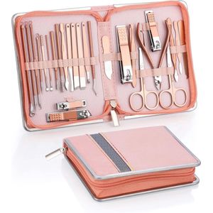 Coolzon Manicureset, 26-delige professionele nagelknipperset, roestvrij stalen nagelset gereedschap voor manicure en pedicure, reiniging van nagelriemen, geavanceerd ontwerp met ritssluiting, roze