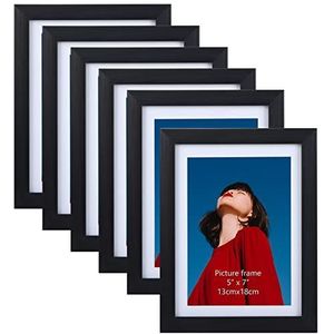 EYMPEU Set van 6 fotolijsten 13 x 18 cm met passe-partout of 15 x 20 cm zonder passe-partout, voor muur en tafel, zwart