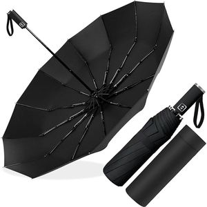 Poligono Automatische Opvouwbare Paraplu, Draagbare Windbestendige Paraplu, Grote Regenparaplu met 12 Versterkte Ribben voor Mannen en Vrouwen, Diameter 105cm, Zwart