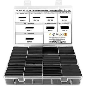 Romon Krimpkousenset, 650 stuks, zwart, krimpkous-assortiment, warmtekrimpkous-set, heat-krimpbuis, isolatieslang voor kabel, 8 maten, 2:1 krimpverhouding