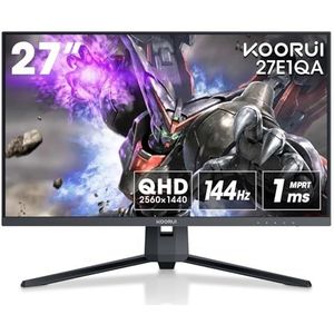 KOORUI Gaming Monitor 27 inch, QHD 2560 x 1440 PC Display met Adaptive-Sync-technologie (VA-paneel, 144Hz, 1ms, DCI-P3 90%, Gsync compatibiliteit, VESA, DisplayPort, helling instelbaar)