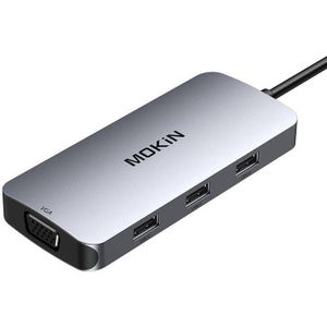 Mokin 7in1 Adapter Hub USB-C naar 2x HDMI + 3x USB 2.0 + DP + VGA (zilver), Docking station + USB-hub, Zilver