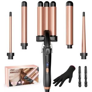 BESTOPE MIX Krultang, 5-in-1 krultang, 3 vaten met verschillende opzetstukken, instelbare temperatuur, krultang, grote krullen, PTC, snel opwarmen, set met handdouche en 2 clips