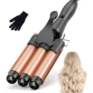 Krultang, 3 vaten voor groot, golvend voor haar, krultang, 3 vaten, Beach Waves, temperatuurinstelling, snelle opwarming, met handschoen, roségoud