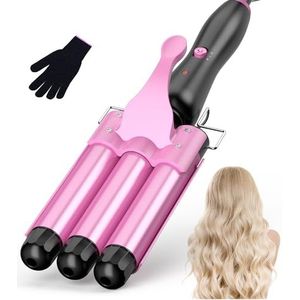Krultang met 3 vaten voor groot, krultang voor haar, krultang, 3 vaten, Beach Waves, temperatuurinstelling, snelle opwarming met handschoen, roze
