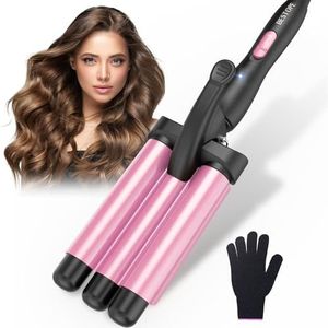 Beach Waves Krultang met 3 vaten – golvend krultang, instelbaar, snel verwarmende krultang voor lang kort haar, roze