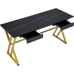 Merax Luxe Bureau 150cm - Computertafel met 2 Lades - Goud met Zwart - Marmerlook