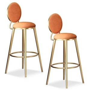 Luxe MAegan 65cm/75cm barkrukken set van 2 bar hoge metalen barkrukken met ronde fluwelen zitting keukenbarstoelen met hoge rugleuning, oranje