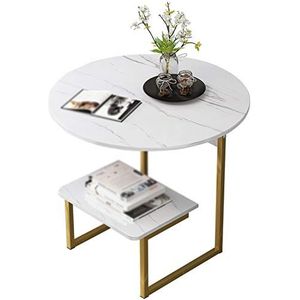 Prachtige 2-laags houten salontafel, gouden metalen frame ronde rand tafel kantoor koffieshop bank bijzettafel hoektafel (afmetingen: 50 * 50 * 56CM, kleur: wit)