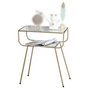Prachtige CS-Qing-Desk bijzettafel van gehard glas, dubbellaags gouden metalen frame salontafel thuis woonkamer balkon laptop bureau (afmetingen: 48,5 * 33 * 60CM, kleur: goud)