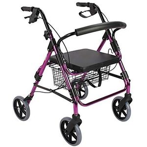 Lichtgewicht in hoogte verstelbare rollator rollator, voor senioren volwassen gehandicapte ouderen, met zitting en rem en rugleuning en grote wielen (kleur: paars)