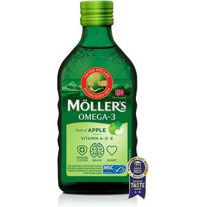 Moller's ® | Omega 3 levertraan | Noorse Omega 3 voedingssupplement met EPA, DHA, vitamine A, D en E | 166 jaar oud merk | Appel | 250 ml