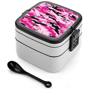 Roze Camo Bento Lunch Box Double Layer All-in-One Stapelbare Lunch Container Inclusief Lepel met Handvat