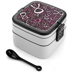 Roze Lint Borstkanker Bewustzijn Bento Lunch Box Dubbellaags Alles-in-een Stapelbare Lunch Container Inclusief Lepel met Handvat