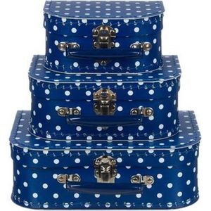 Kofferset - 3 koffers - 16-20-25cm Blauw met Witte polkadot - Retro Vintage look
