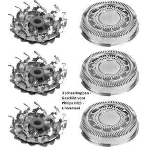 3 Scheerkoppen - Geschikt voor Philips HQ9/50 - Universele scheermesjes - scheerhoofd - Universeel